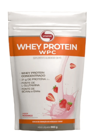 Whey Protein WPC -Pouch 900g Morango - Vitafor Whey Protein WPC -Pouch 900g Morango - Vitafor